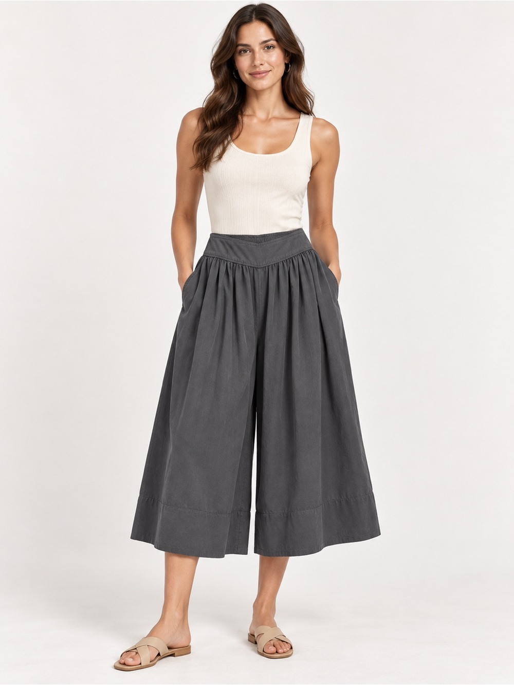 Wide-Leg Cropped Palazzo Pants - Charcoal